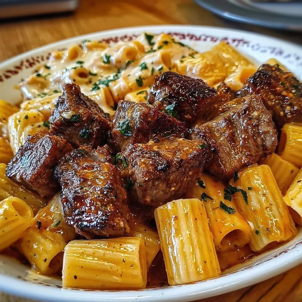 Cajun Steak Tips with Creamy Parmesan Rigatoni 1 Plate of Cajun Steak Tips served with creamy Parmesan rigatoni