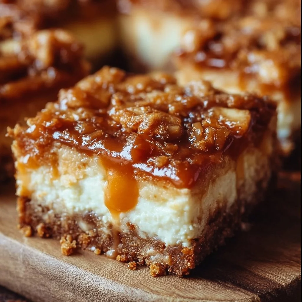 Delicious Caramel Apple Cheesecake Bars topped with caramel drizzle and apple slices.