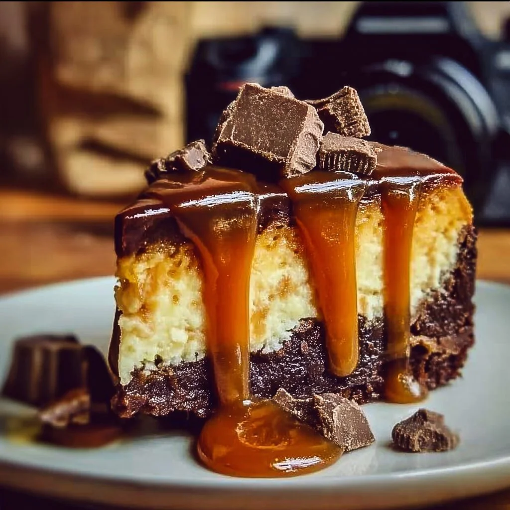 Delicious caramel brownie cheesecake topped with a rich caramel drizzle