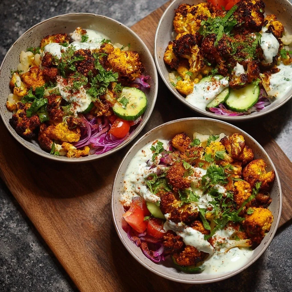 Healthy Cauliflower Shawarma Bowls with fresh vegetables and spices