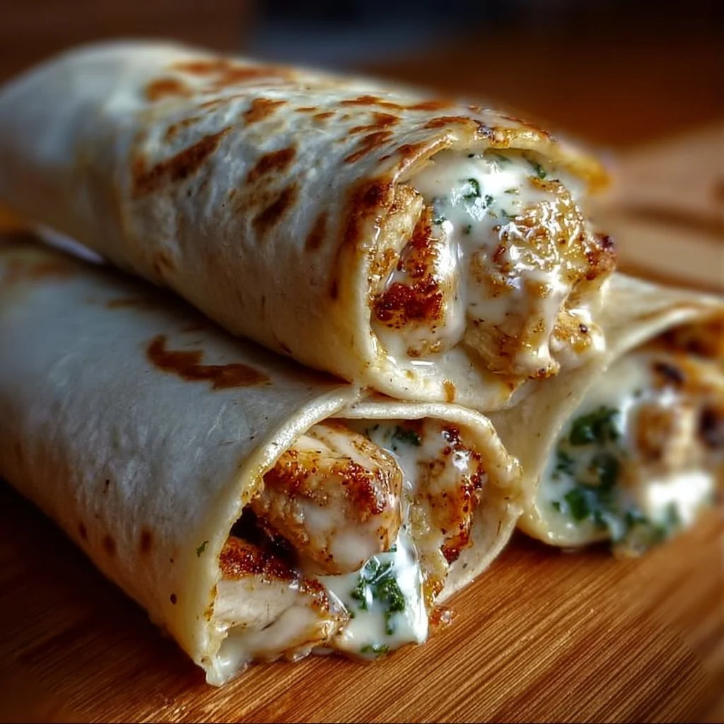 Cheesy Garlic Chicken Wraps filled with creamy garlic sauce and melty cheese