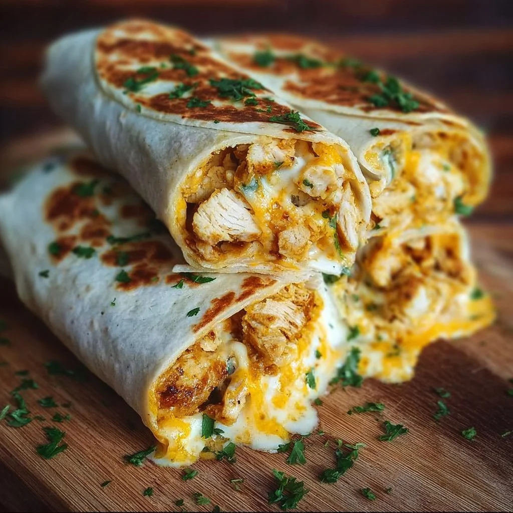 Delicious cheesy garlic chicken wraps filled with flavor and freshness.