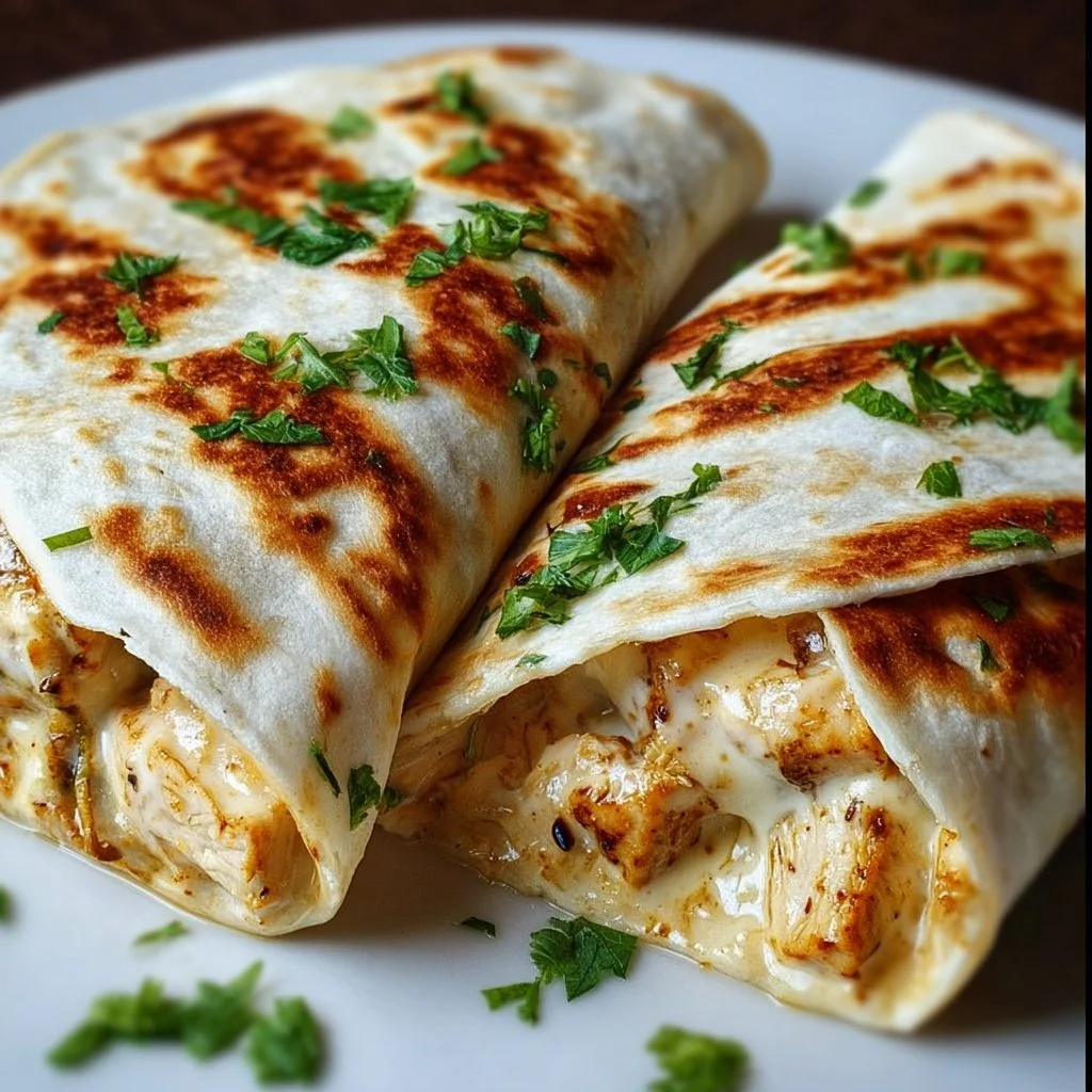 Delicious Cheesy Garlic Chicken Wraps served on a plate with fresh herbs