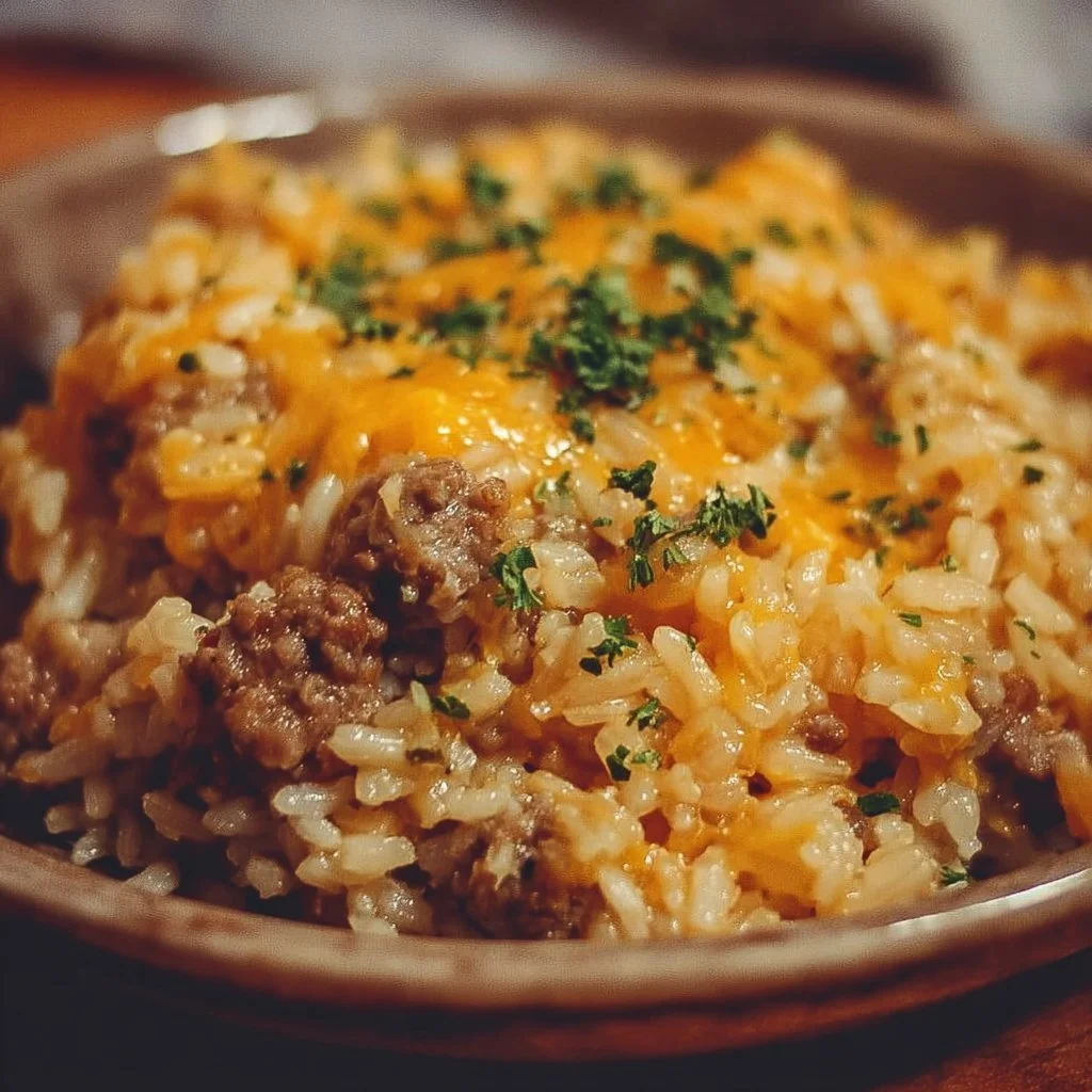 Cheesy Hamburger Rice Casserole 1 Cheesy hamburger rice casserole topped with melting cheese and fresh herbs.