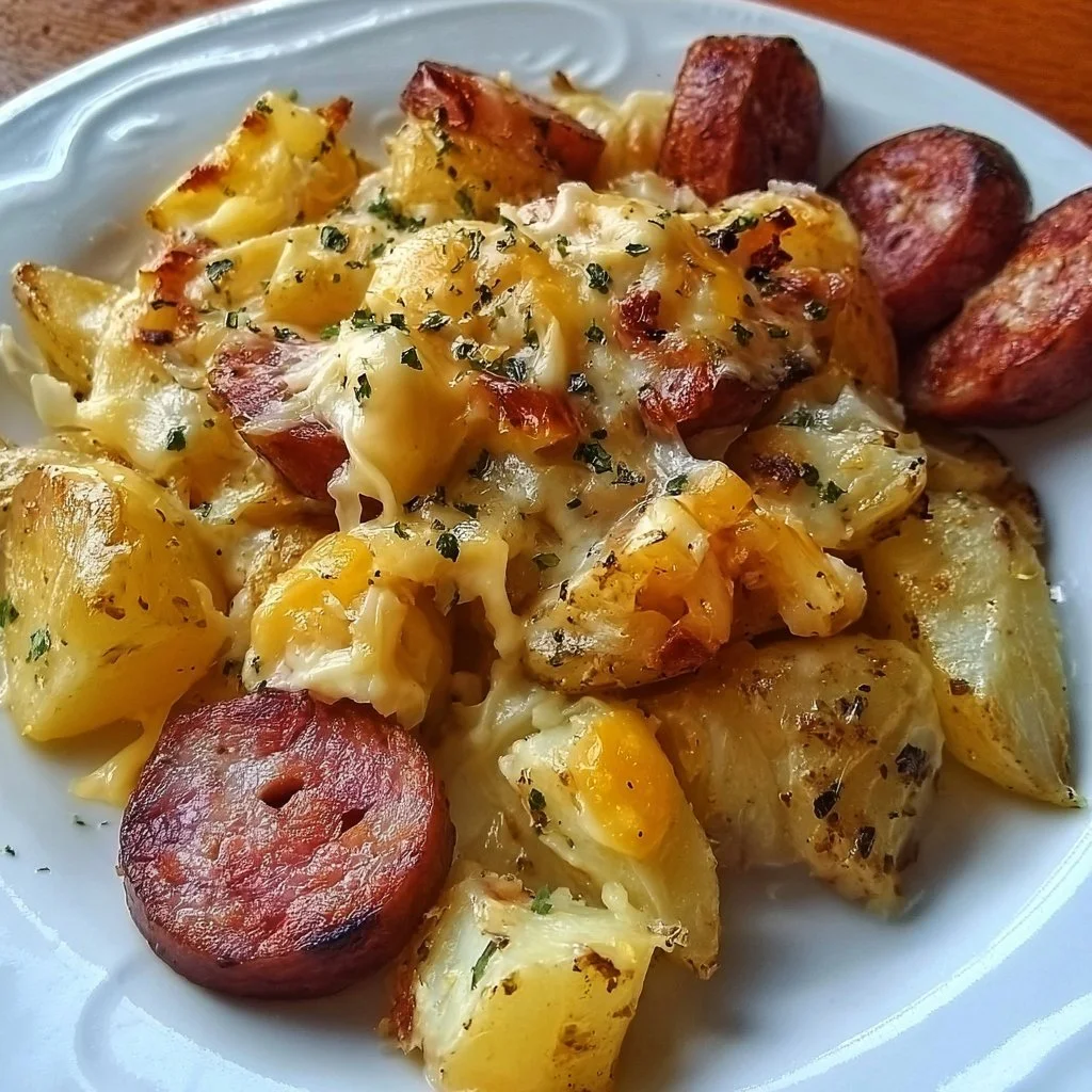 Cheesy ranch potatoes and smoked sausage dish served in a bowl