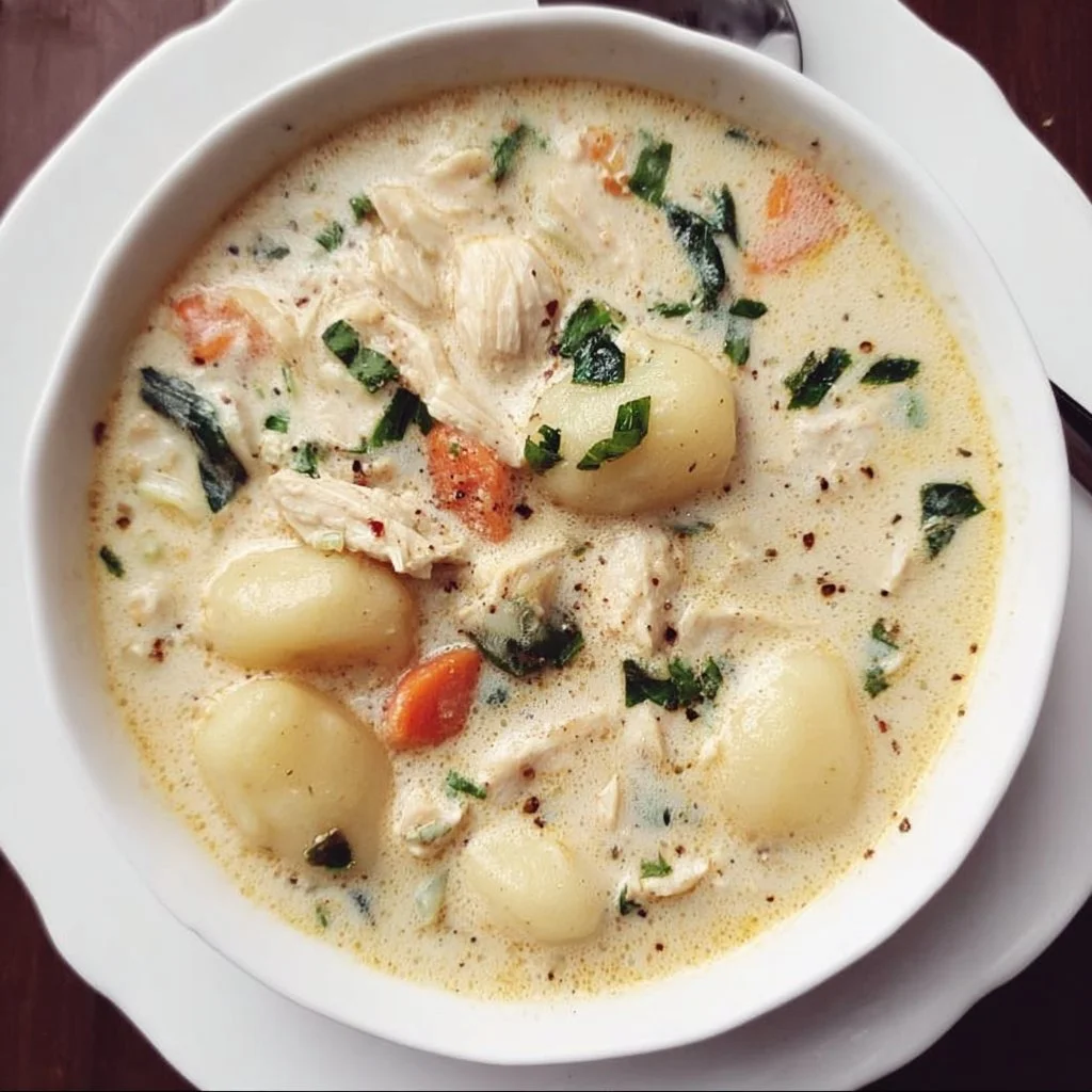 Creamy Chicken Gnocchi Soup with vegetables and herbs