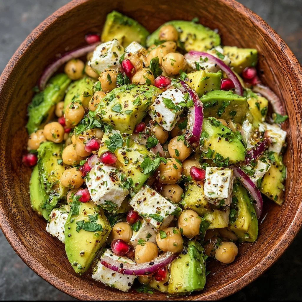 Chickpea feta avocado salad with colorful vegetables in a bowl