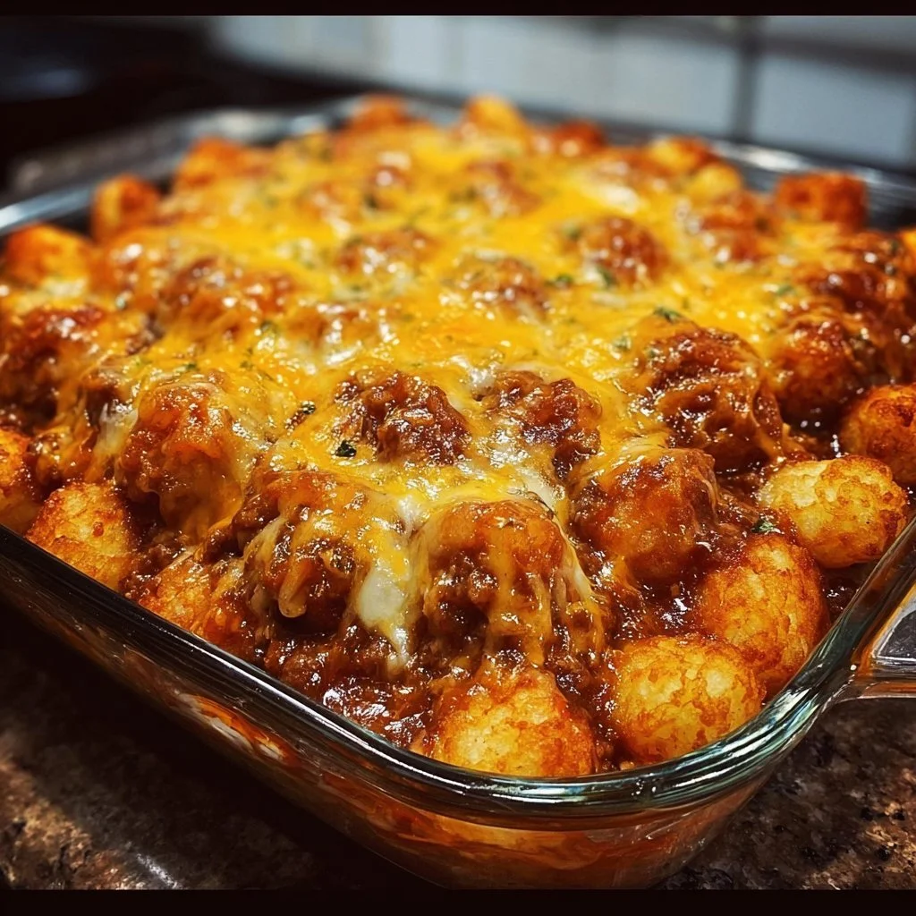 Chili Cheese Tater Tot Casserole topped with cheese and chili in a baking dish