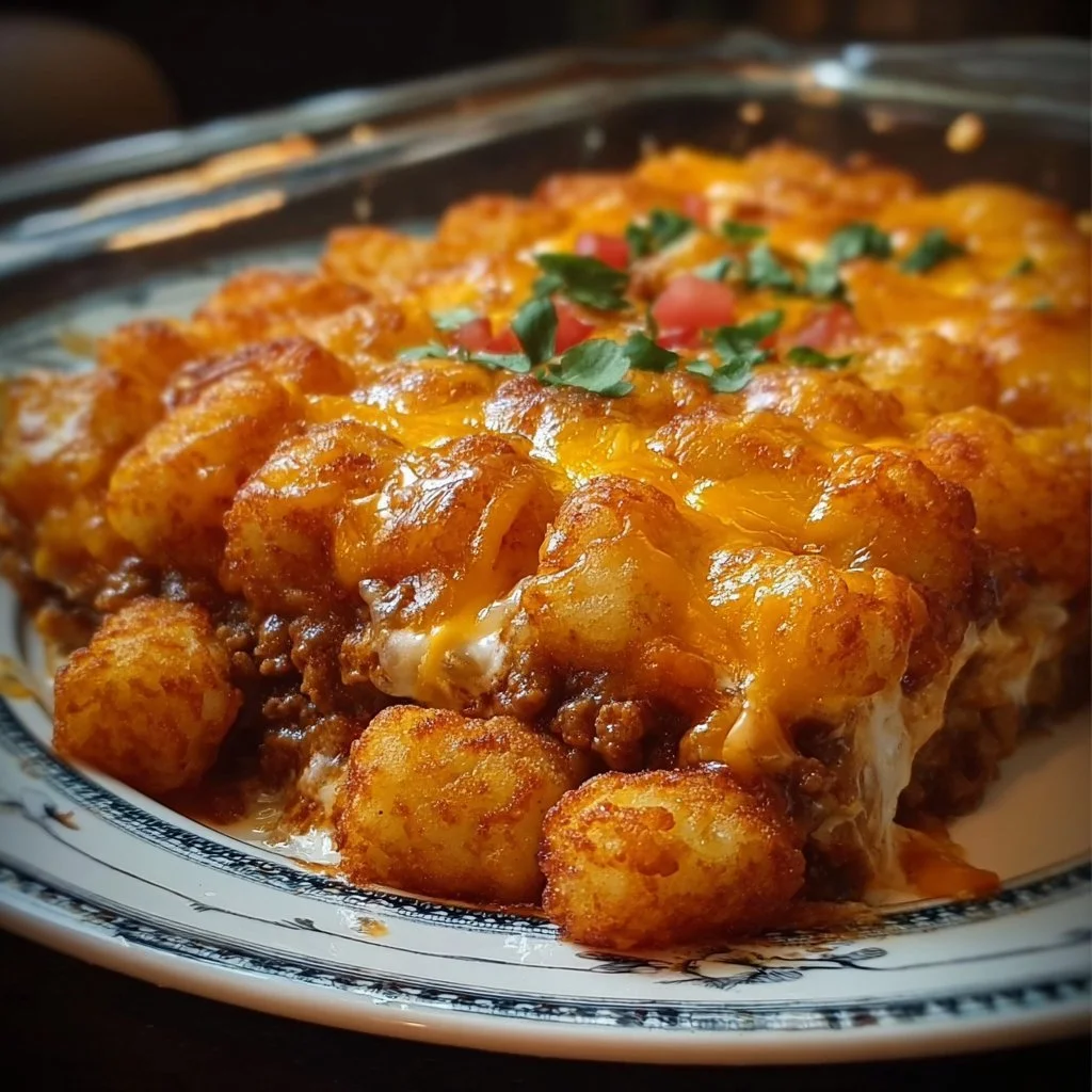 Chili Cheese Tater Tot Casserole topped with cheese and jalapeños, served in a dish