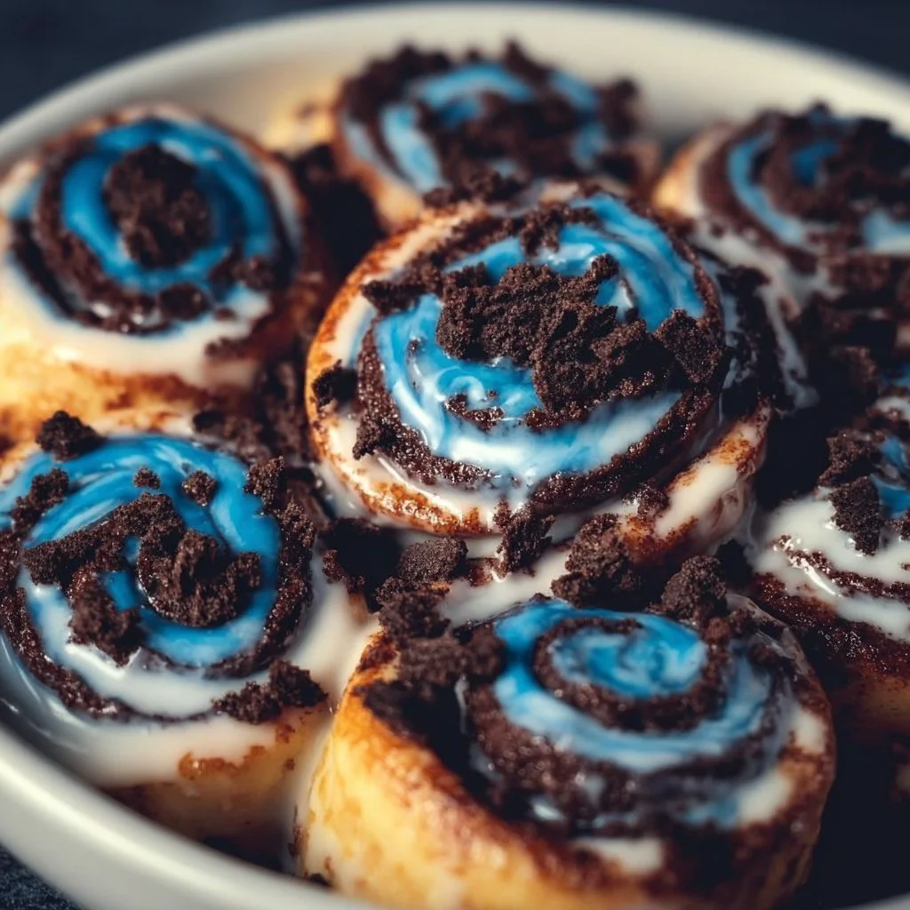 Chocolate Cookie Cinnamon Rolls 1 Delicious chocolate cinnamon rolls topped with frosting and chocolate chips.