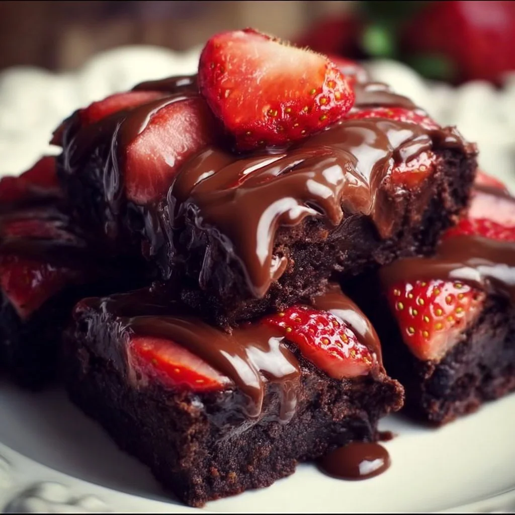 Chocolate covered strawberry brownies with fresh strawberries and chocolate drizzle