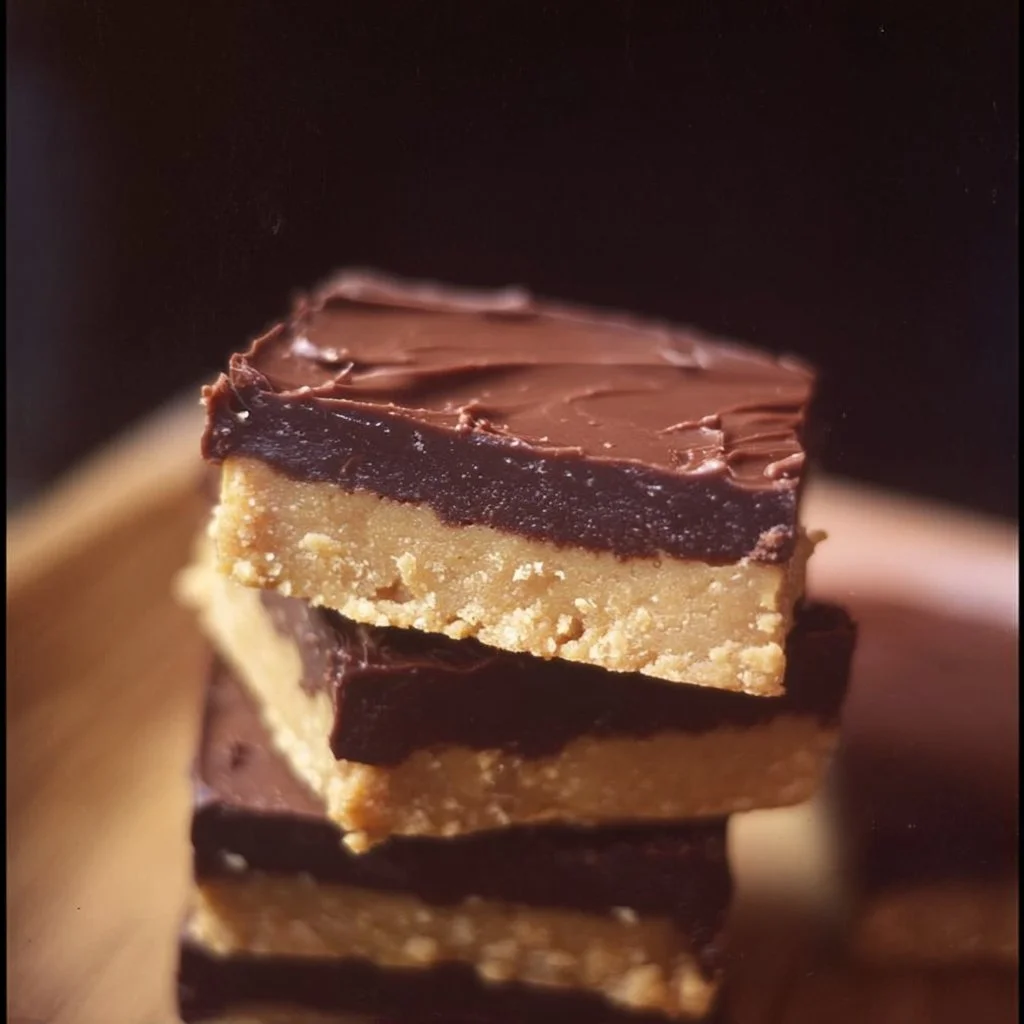 Chocolate Peanut Butter Treats displayed on a wooden plate, showcasing their rich texture.