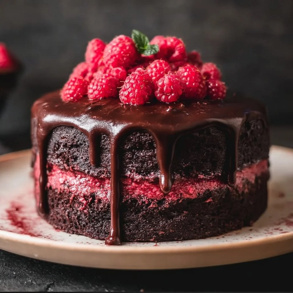 Delicious Chocolate Raspberry Cake with fresh raspberries and rich chocolate layers
