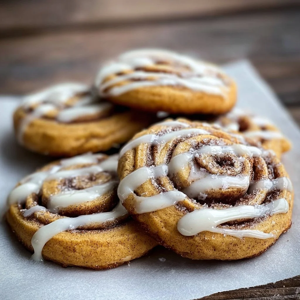 Baked cinnamon roll cookies with icing on a plate