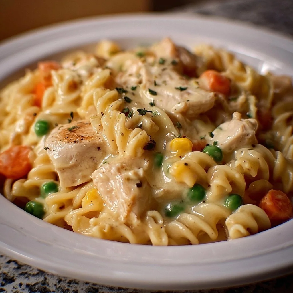 Delicious Classic Chicken Pot Pie Pasta served in a bowl