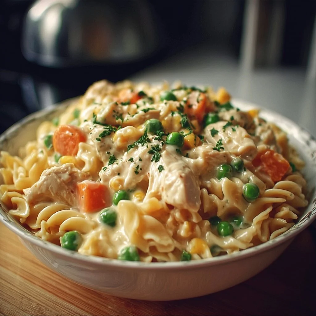 A plate of Classic Chicken Pot Pie Pasta garnished with herbs