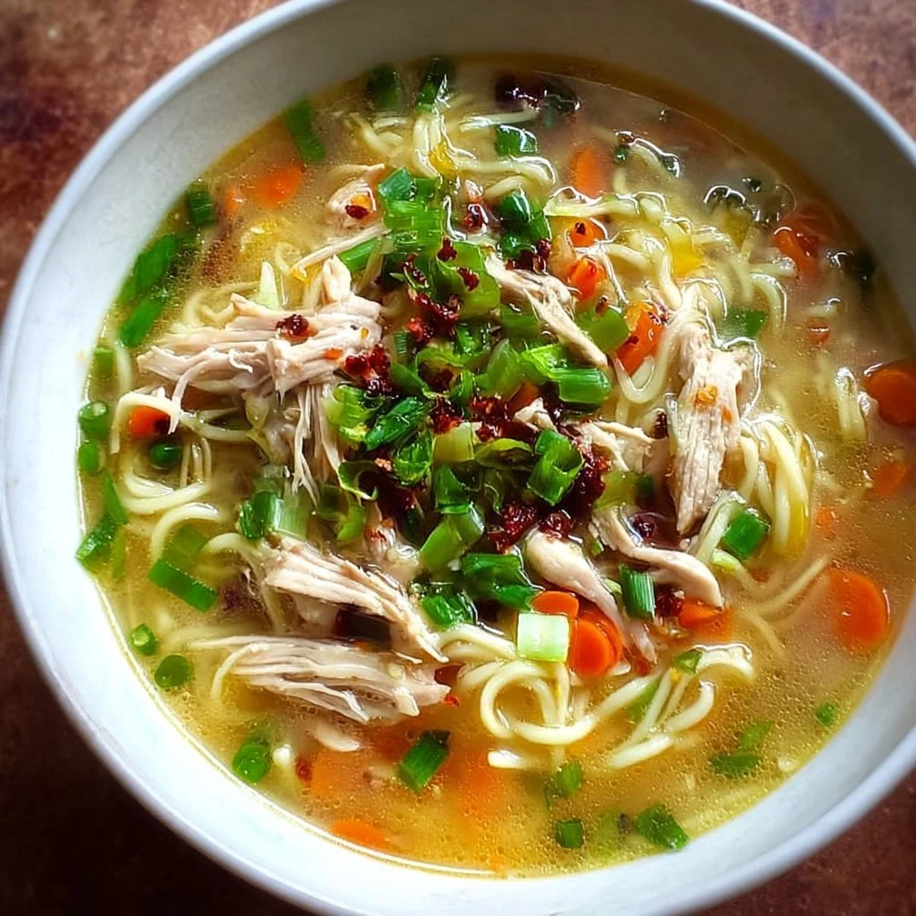 Bowl of Classic Ginger Garlic Chicken Noodle Soup garnished with herbs