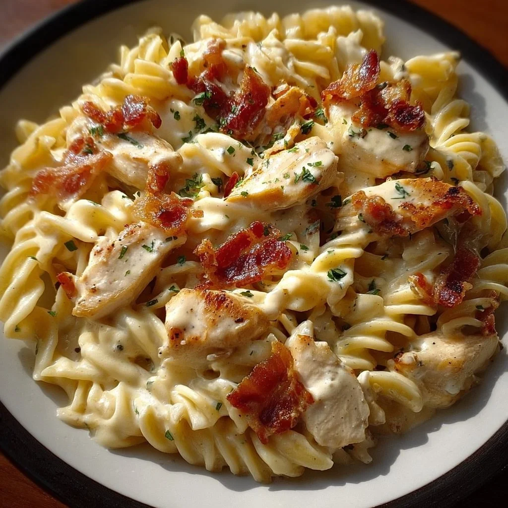 Creamy chicken bacon ranch pasta dish topped with crispy bacon and herbs.