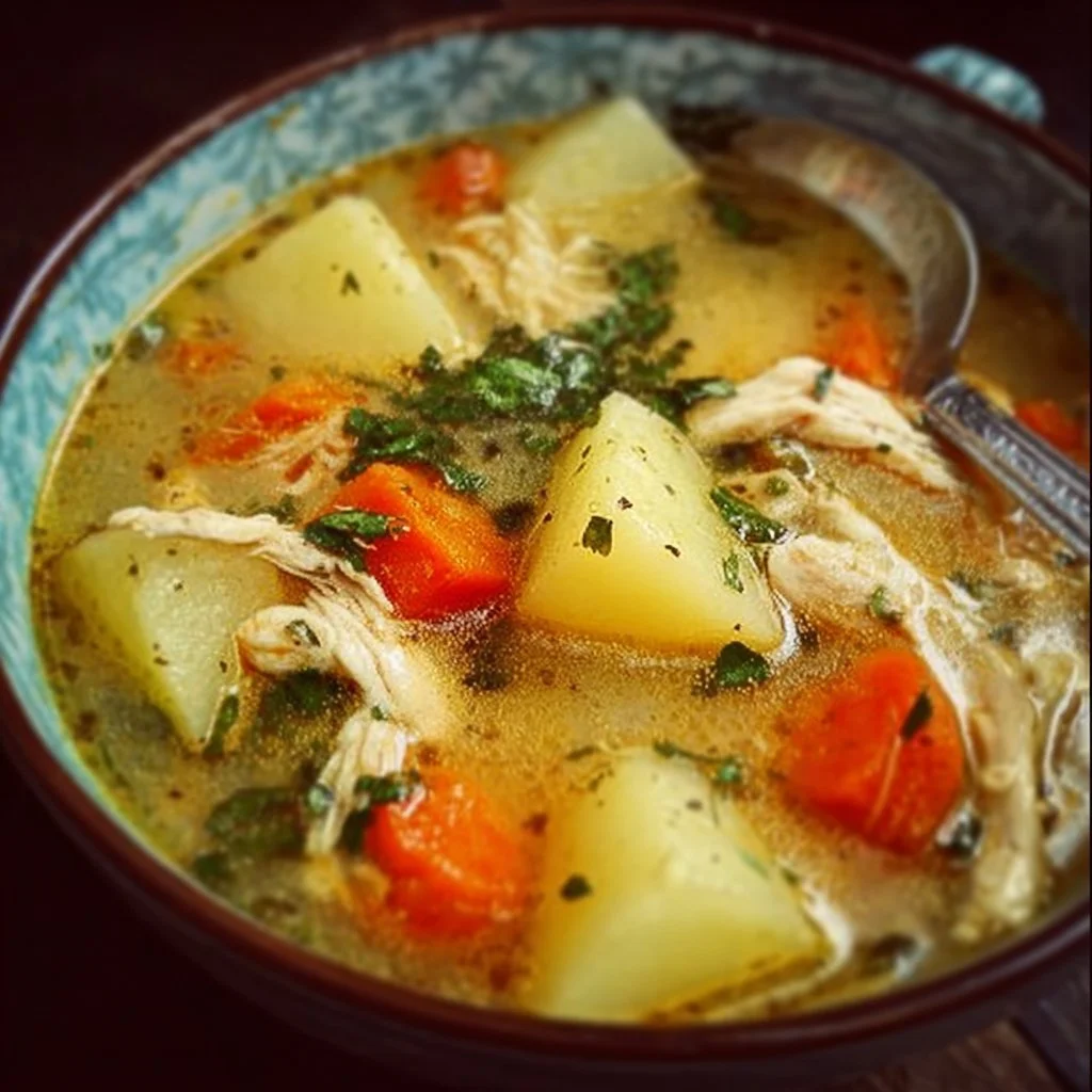 Comforting Chicken Soup with Potatoes 1 Bowl of comforting chicken soup with potatoes, garnished with herbs.