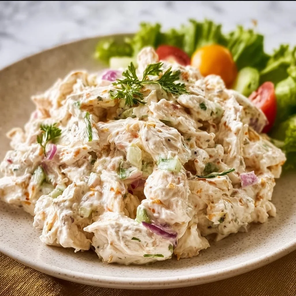 Cottage Cheese Chicken Salad 1 Cottage Cheese Chicken Salad served in a bowl with fresh vegetables