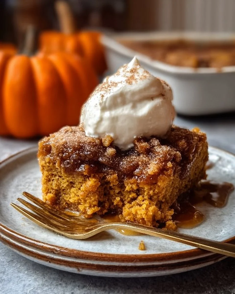 Cozy & Easy Gluten Free Pumpkin Dump Cake 1 Cozy gluten-free pumpkin dump cake topped with whipped cream and cinnamon