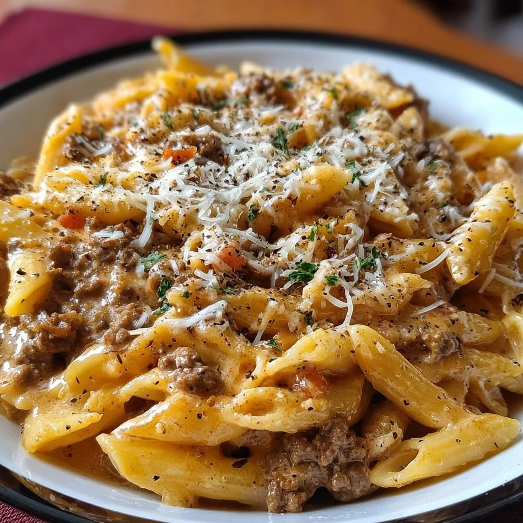 Delicious creamy beef pasta served in a bowl