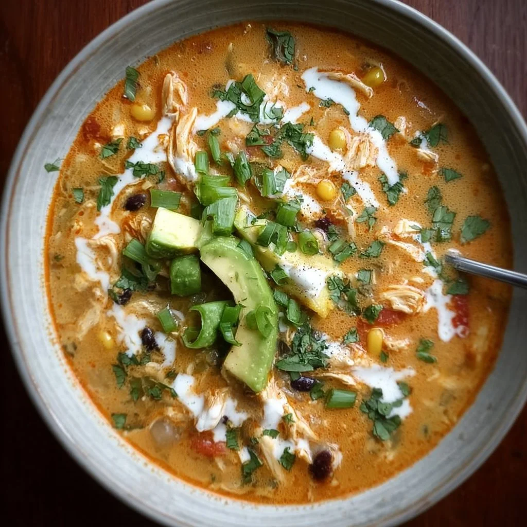 Creamy Chicken Enchilada Soup 1 Bowl of creamy chicken enchilada soup garnished with cilantro.