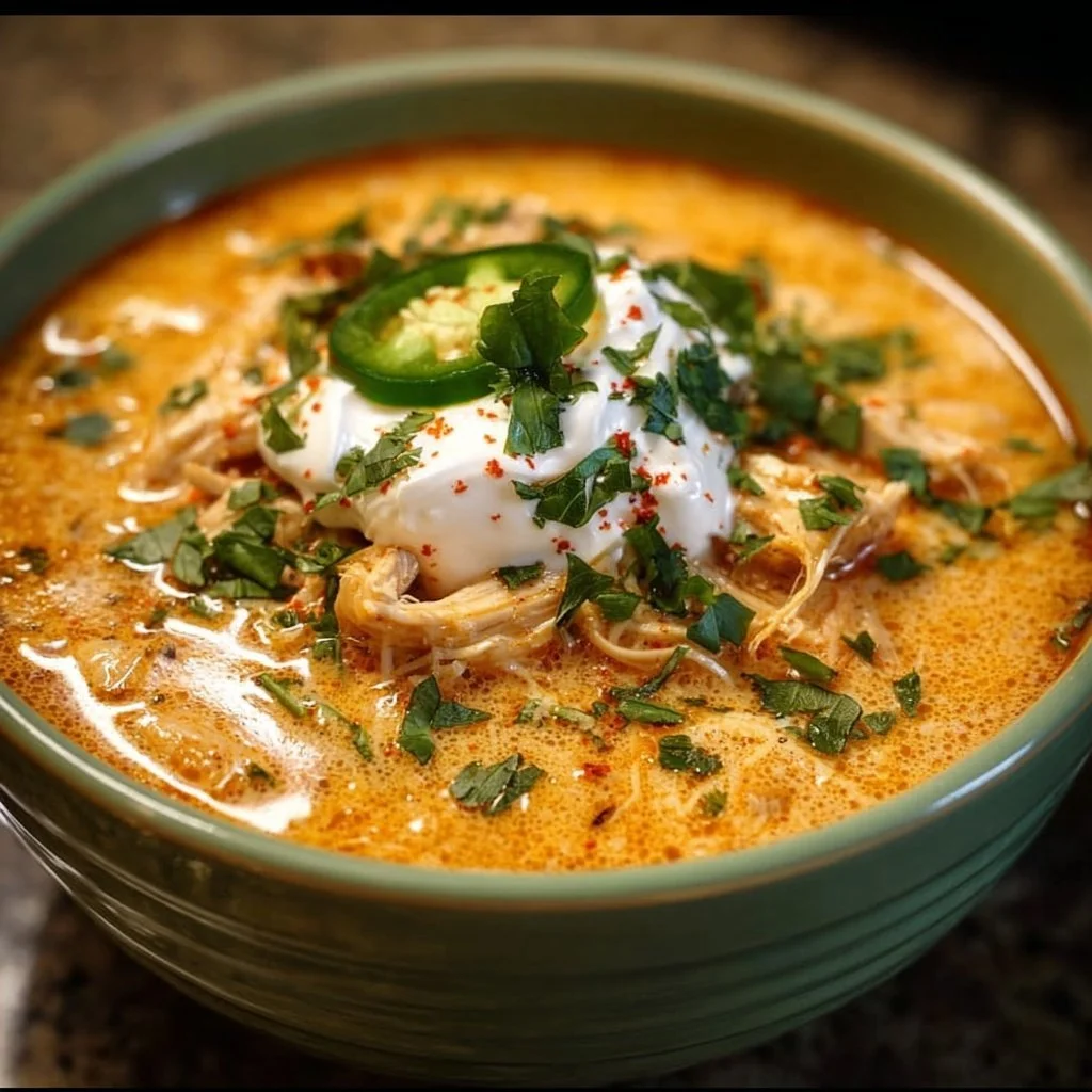 Bowl of creamy Chicken Enchilada Soup topped with cheese and cilantro