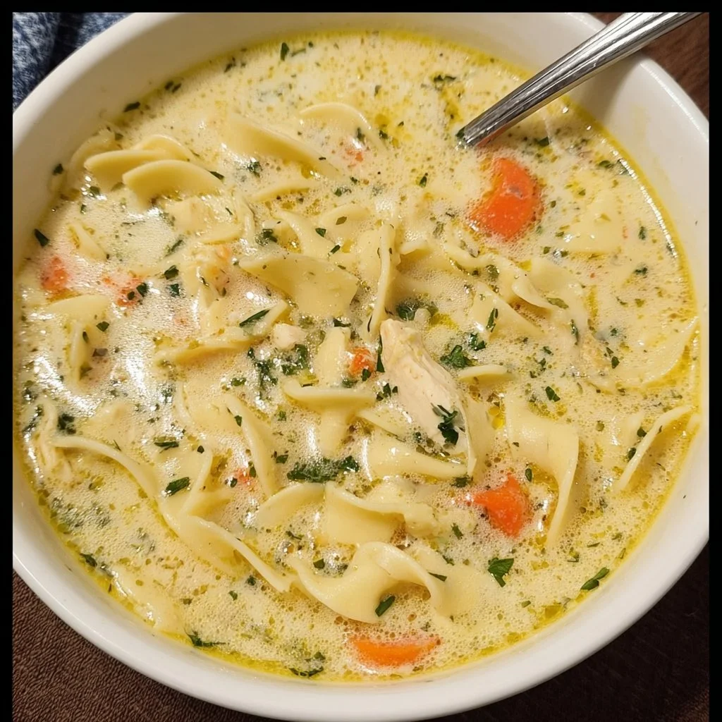 Delicious creamy chicken noodle soup served in a bowl with herbs and spices