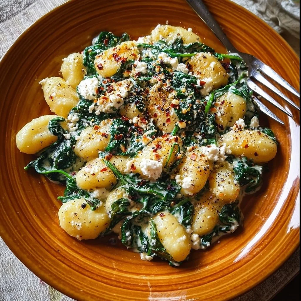 Creamy Gnocchi with Spinach and Feta 1 Creamy gnocchi dish with spinach and feta cheese topped with herbs