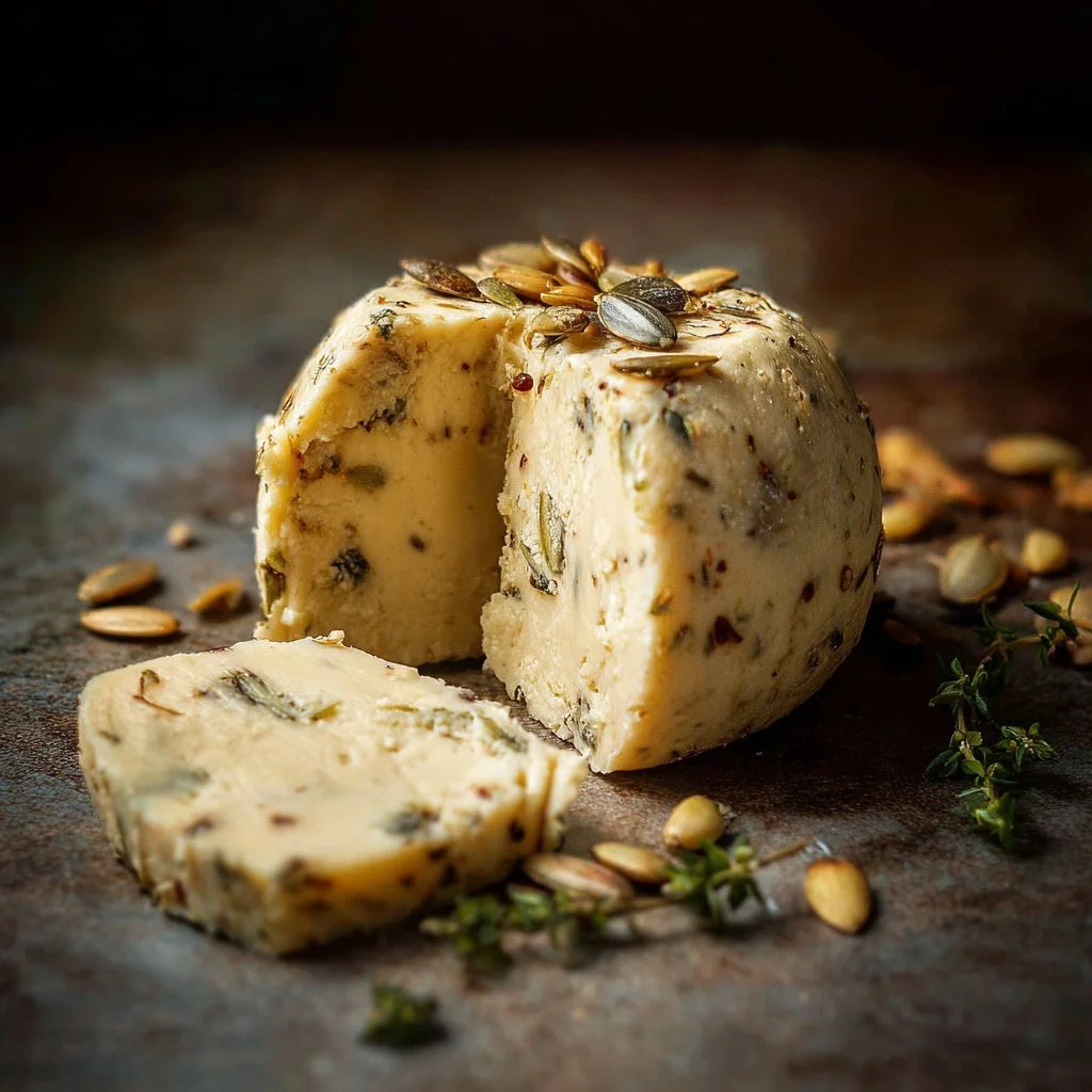 Creamy sunflower seed cheese spread on a cracker