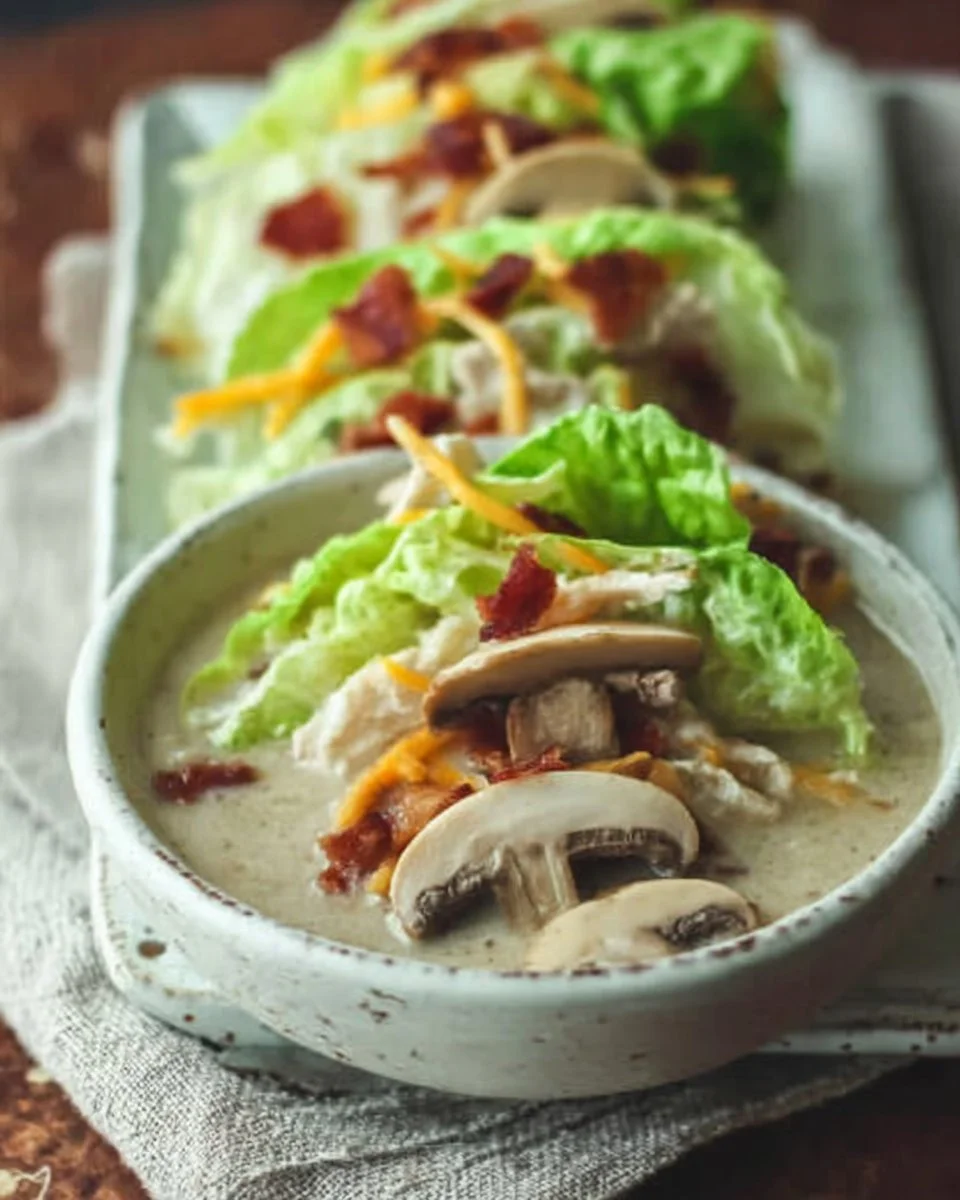 Bowl of creamy keto mushroom soup garnished with fresh herbs.