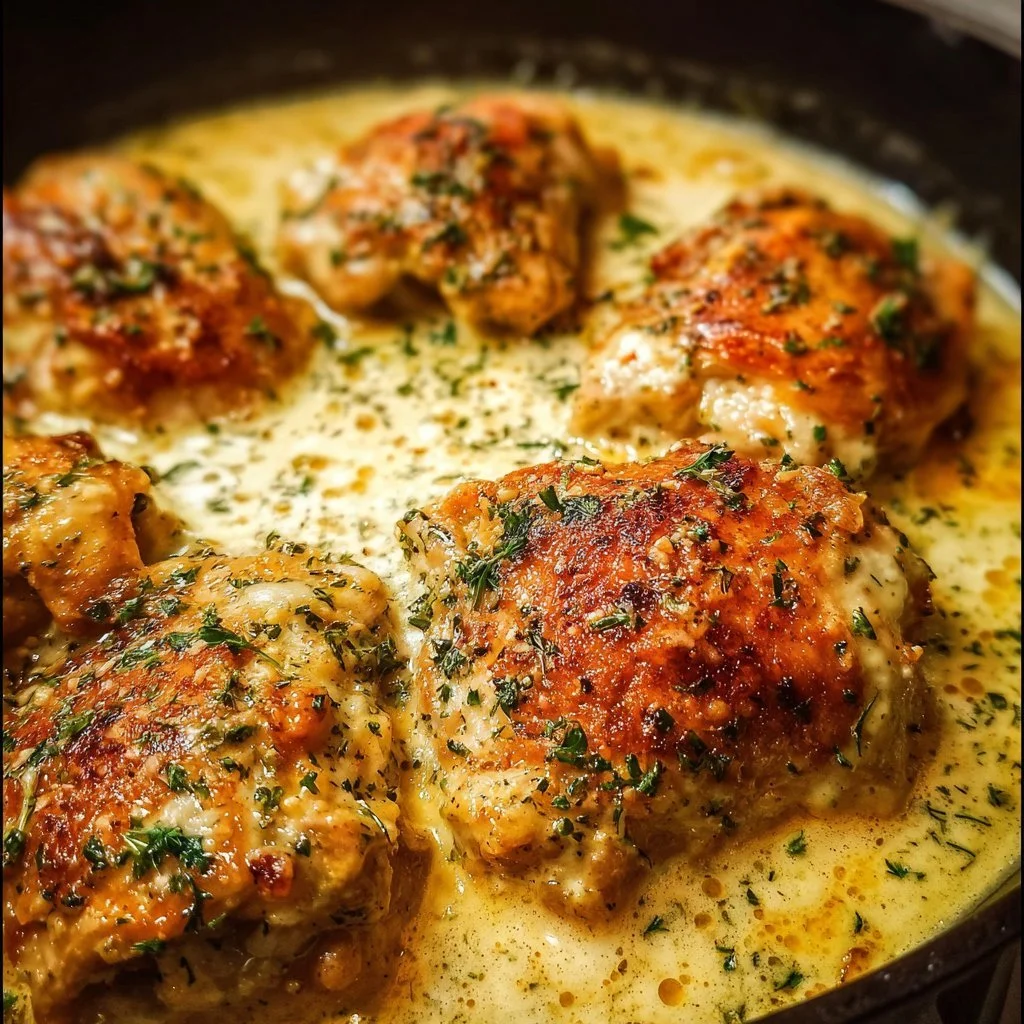 Creamy oven baked chicken thighs served with herbs and spices