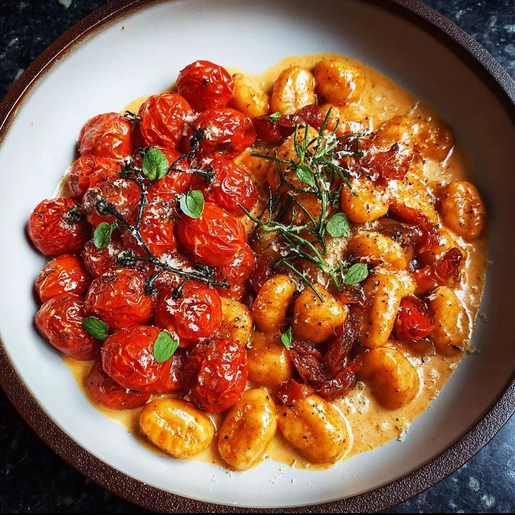 Creamy roasted tomato gnocchi dish with fresh herbs and toppings