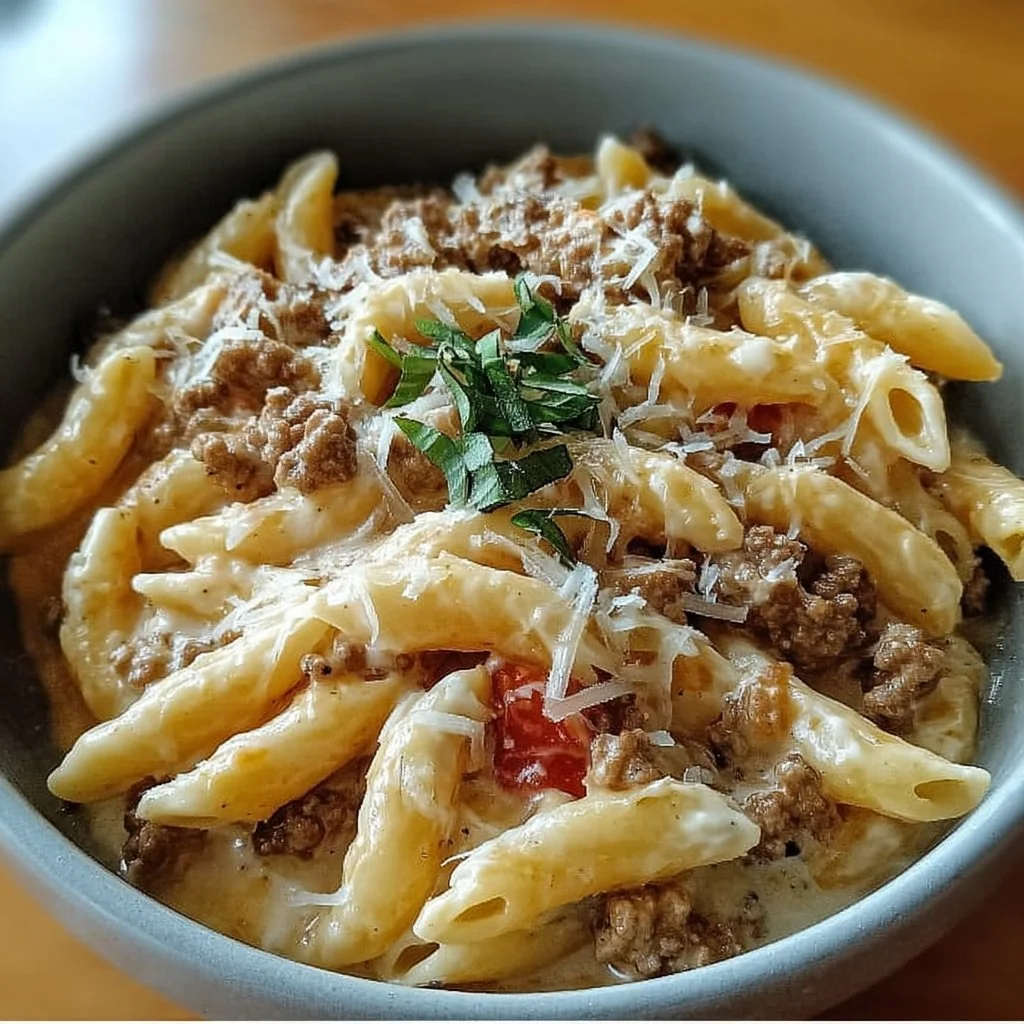 Creamy Rotel Pasta with Ground Beef in a bowl garnished with parsley