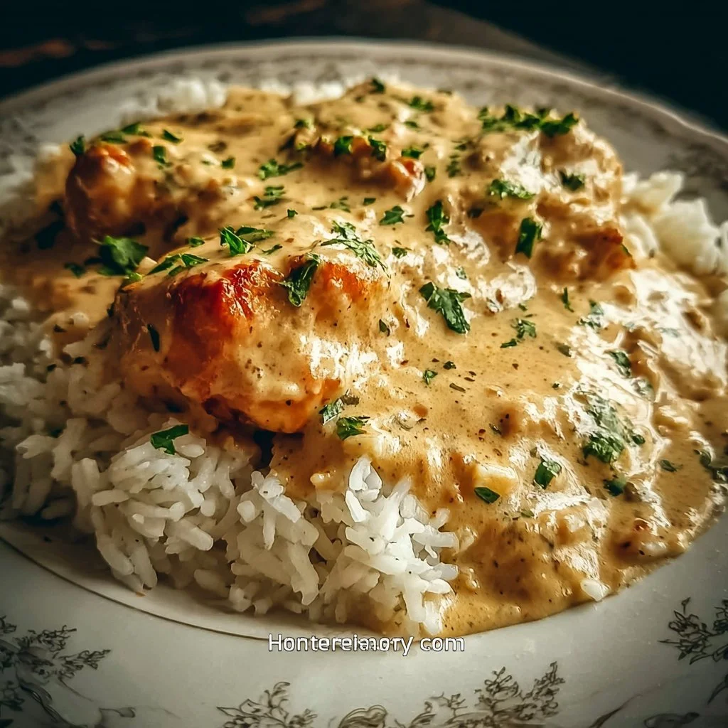 Creamy Smothered Chicken and Rice 1 Creamy smothered chicken served over rice with savory sauce