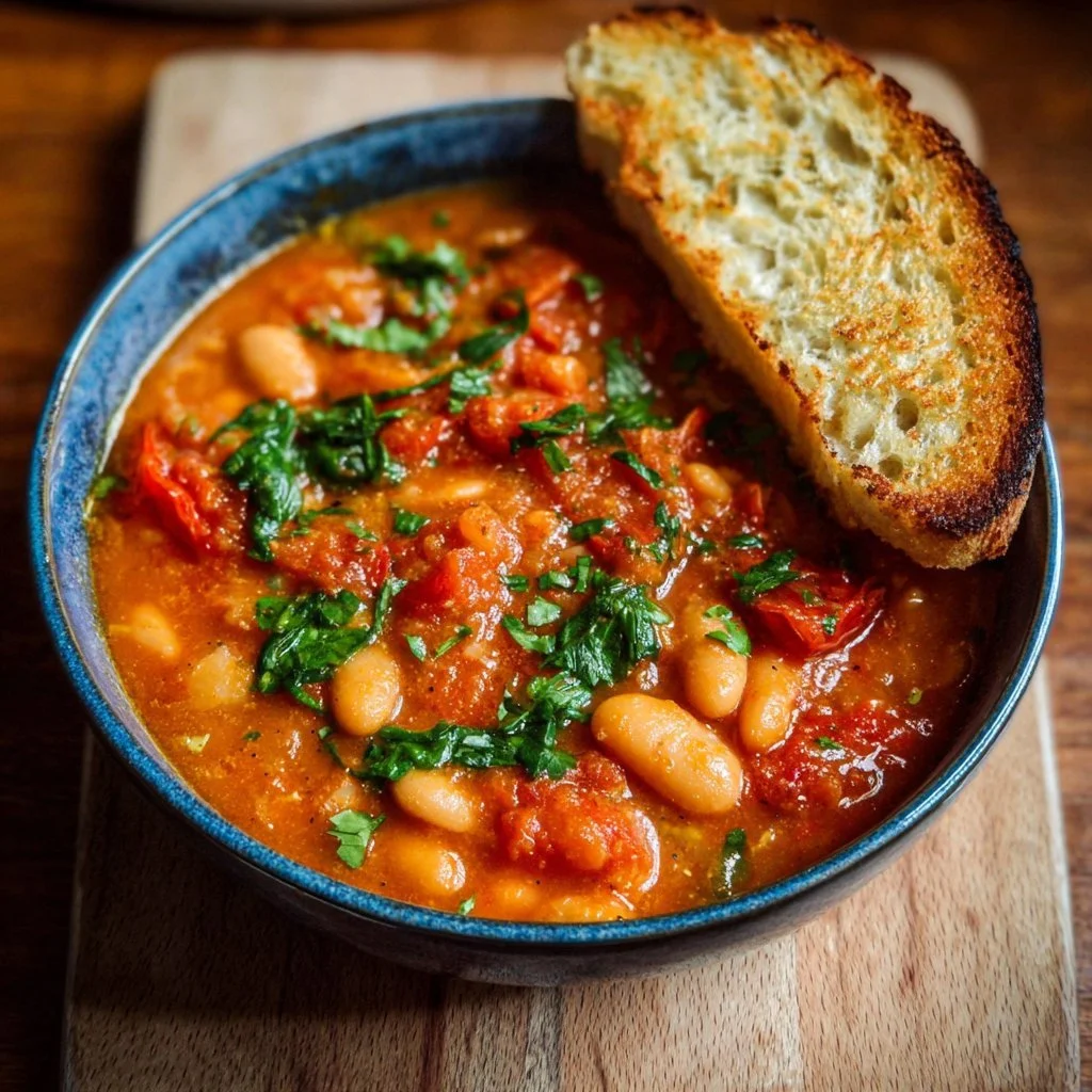 Creamy Vegan Tomato White Bean Stew 1 Delicious creamy vegan tomato white bean stew in a bowl with fresh herbs.