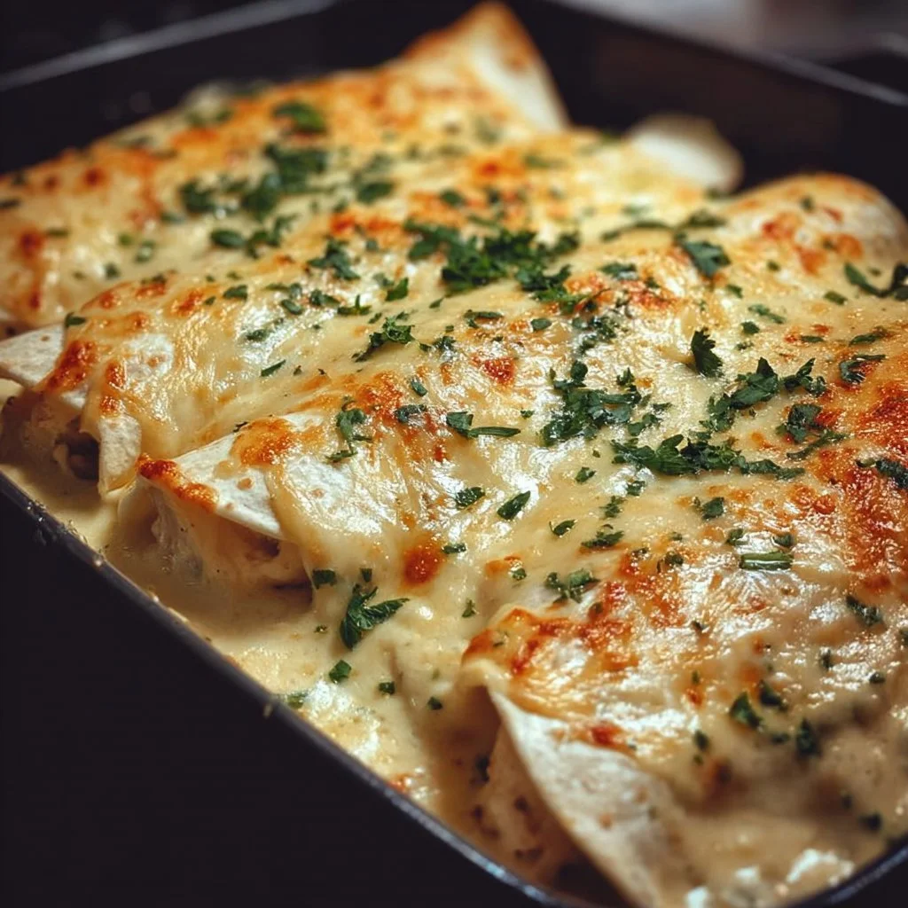 Creamy White Chicken Enchiladas 1 Creamy white chicken enchiladas topped with cheese and green onions