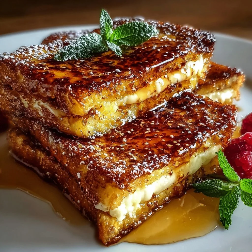 Dish of Crème Brûlée French Toast with caramelized sugar on top