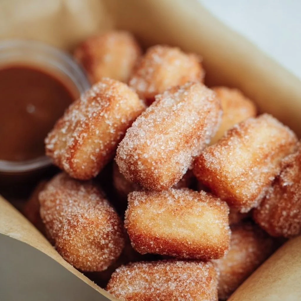 Crispy Air Fryer Churro Bites 1 Crispy air fryer churro bites served in a bowl with cinnamon sugar
