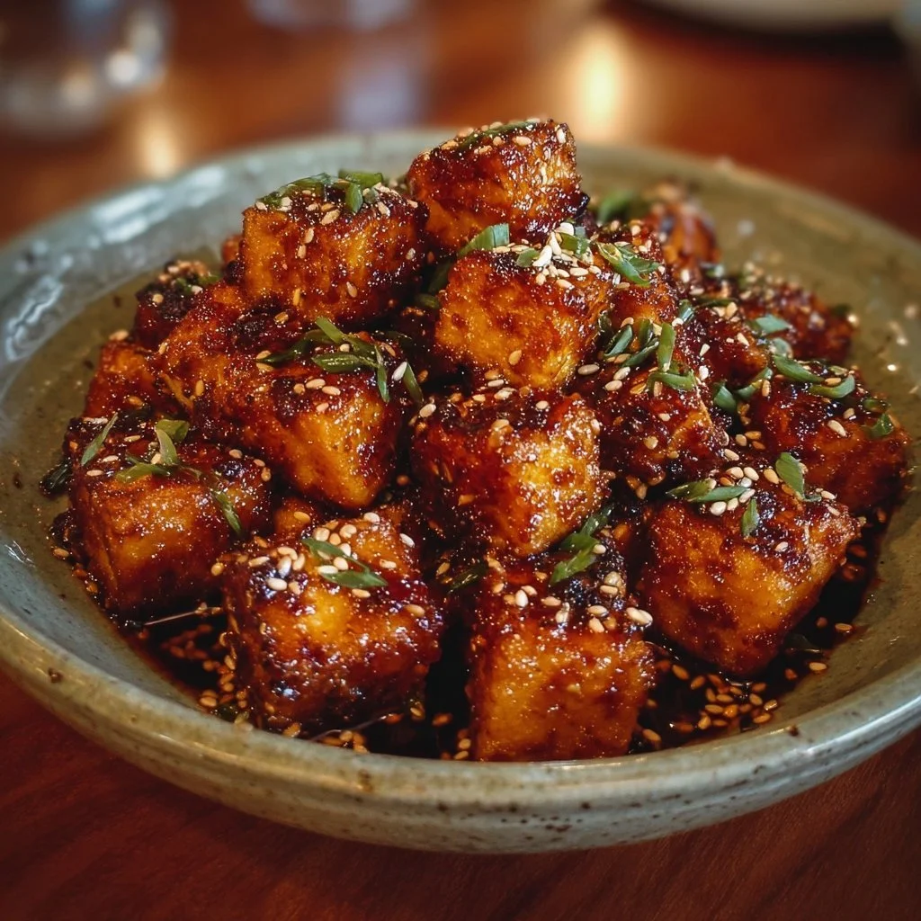 Crispy honey garlic tofu dish served with vegetables on a plate