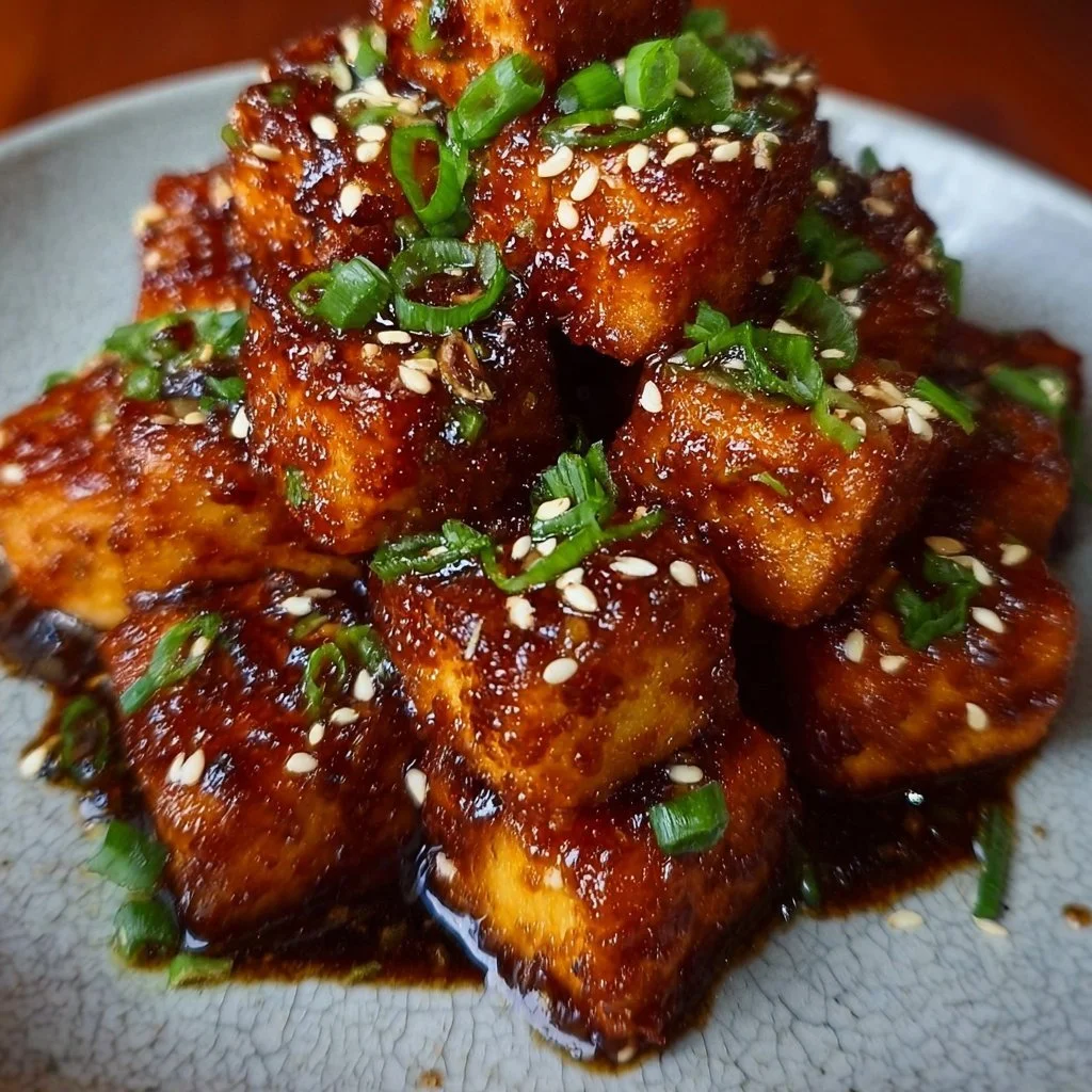 Crispy honey garlic tofu served on a plate with garnishes