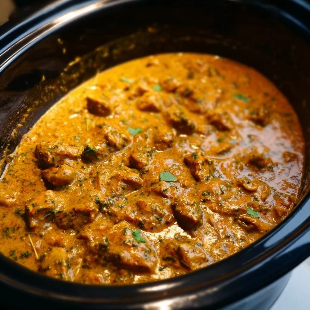 Delicious Crockpot Butter Chicken served with rice and garnished with cilantro.