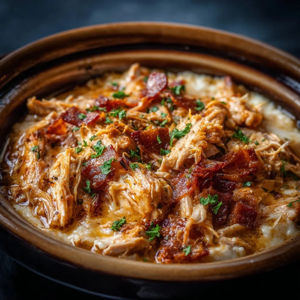 Crockpot Crack Chicken served in a bowl with herbs and spices