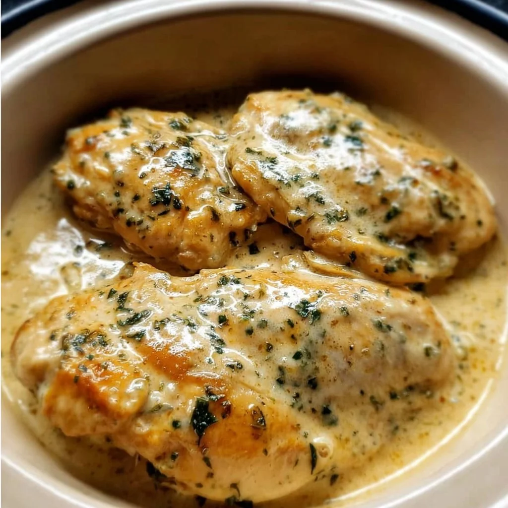 Crockpot Creamy Garlic Parmesan Chicken served with fresh herbs