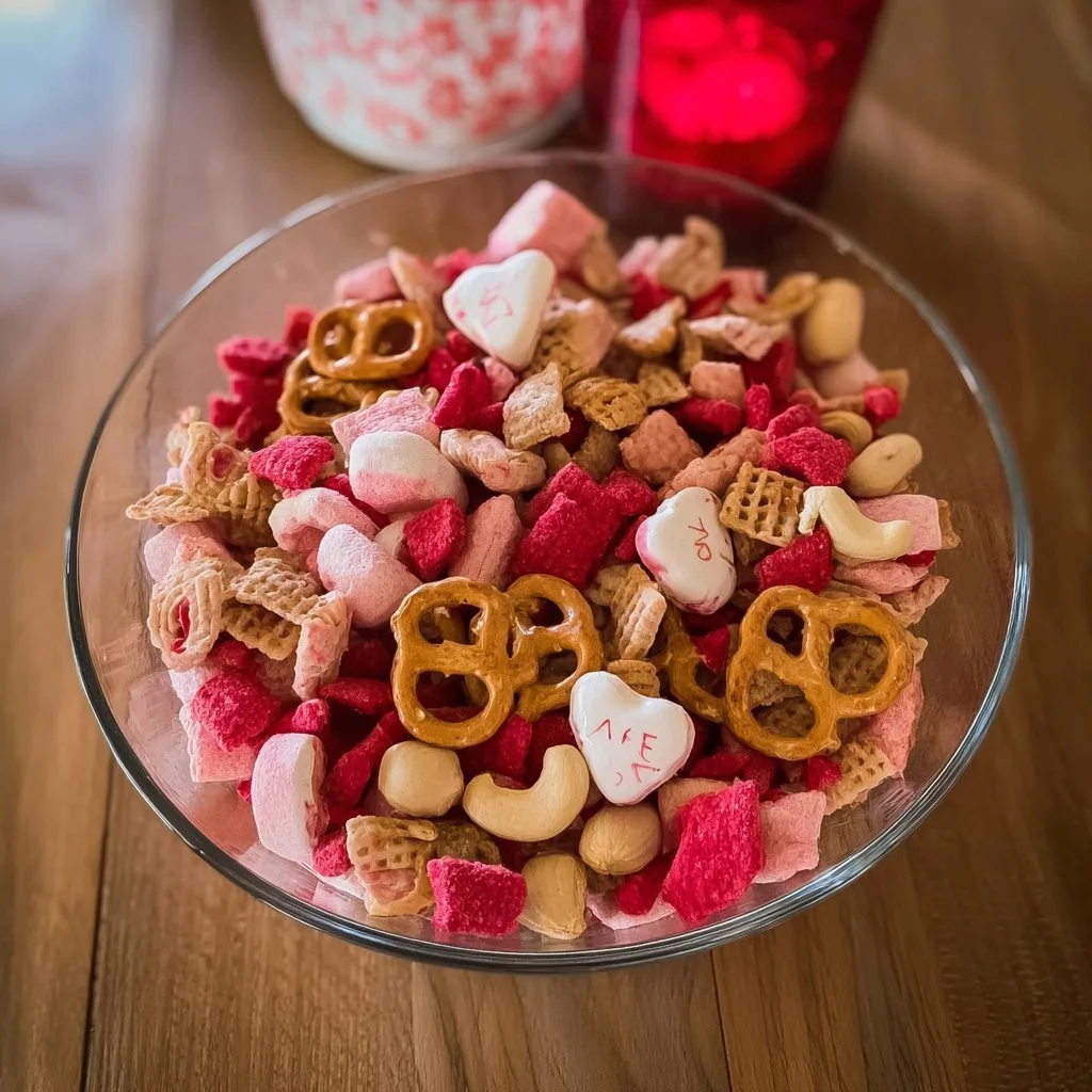 Cupid Crunch Valentine's Day Trail Mix with hearts and chocolate