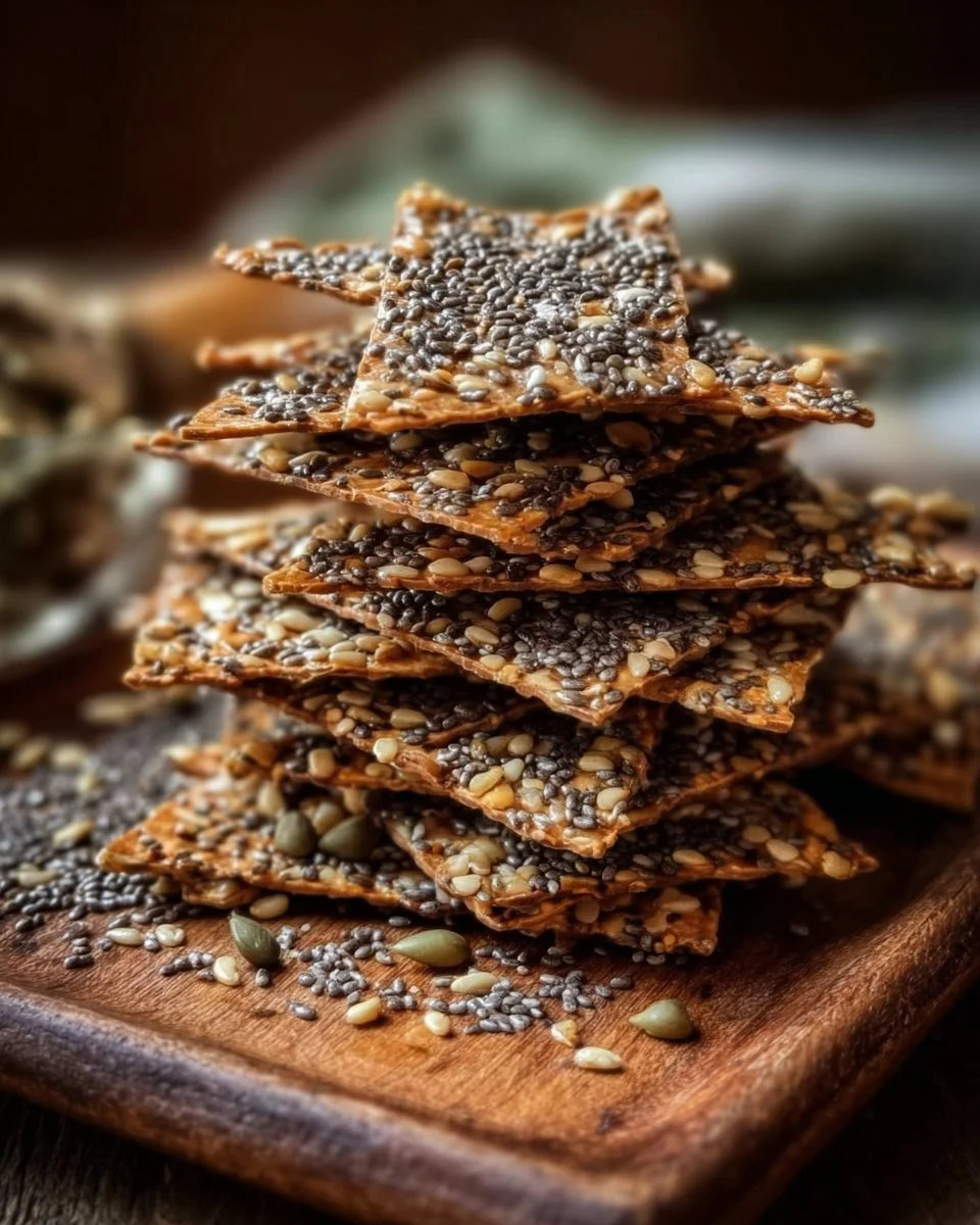 Delicious Chia & Flax Seed Crackers 1 Delicious chia seed and flax seed crackers served on a wooden board