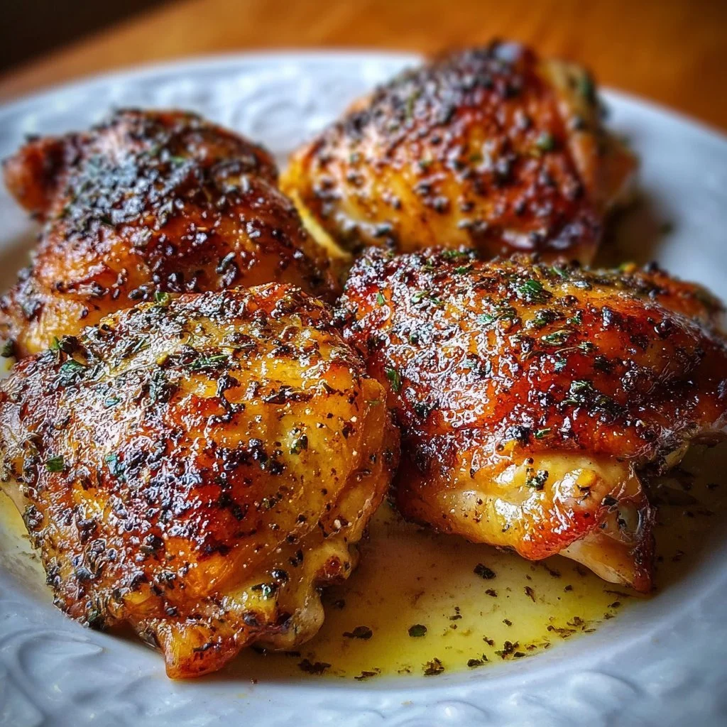 Juicy and flavorful easy baked boneless skinless chicken thighs on a plate