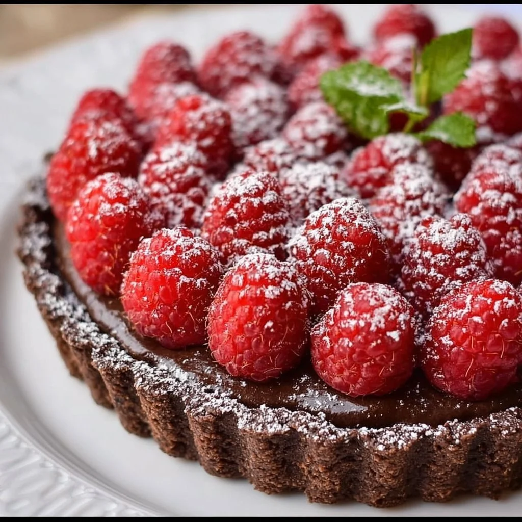 Delicious easy chocolate raspberry tart topped with fresh raspberries