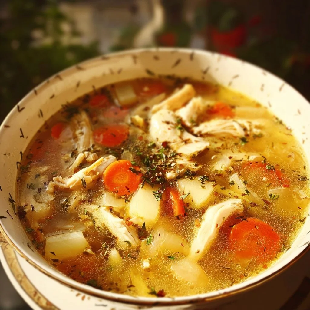Easy Homemade Chicken Soup 1 Bowl of easy homemade chicken soup with vegetables and herbs